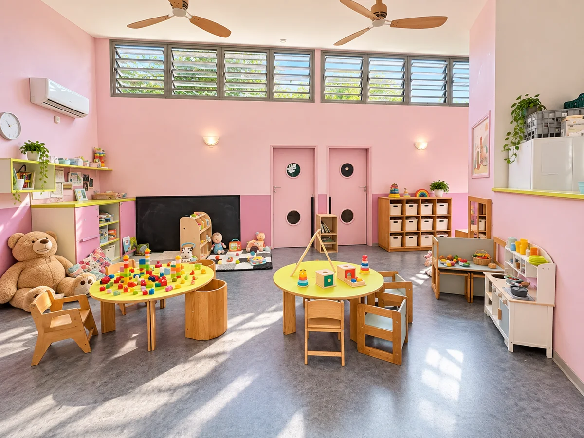 Salle de vie lumineuse de crèche aux murs roses, avec tables rondes jaunes, mobilier en bois, jouets et nounours géant ; idéale pour présenter les espaces d'accueil.